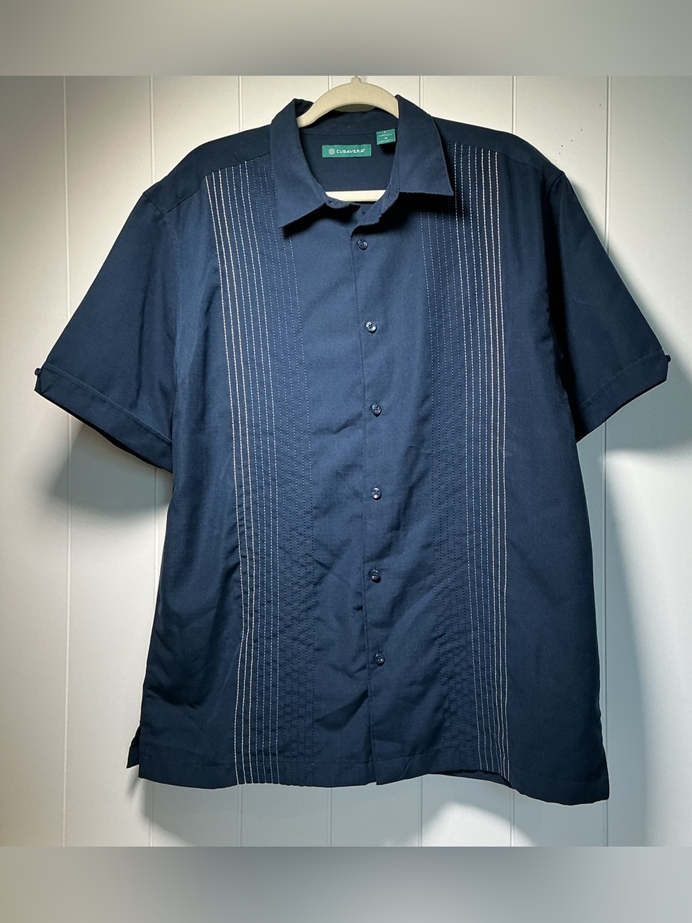 Cubavera Men's Large Blue Striped Button-Up Shirt Camp Short Sleeve